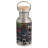 Stainless steel metallic thermos flask, silver with a bamboo lid, double-walled, 350ml.