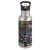 Water bottle Silver with straw, stainless steel 600ml