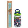 Easter Set, Children's thermal stainless steel bottle with safety straw, green/blue (350ml) & aromatic flat Easter candle (30cm) (TURQUOISE)