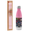 Easter Set, Metallic pink/white (Stainless steel) thermos, double-walled, 500ml & aromatic flat Easter candle (30cm) (PINK)