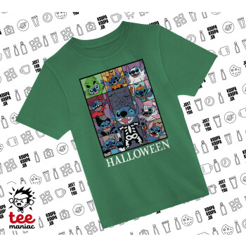 Stitch Halloween, Άνετο παιδικό T-Shirt ΠΡΑΣΙΝΟ από 100% βαμβάκι, για κάθε μέρα. Vegan & OEKO-TEX πιστοποιημένο.