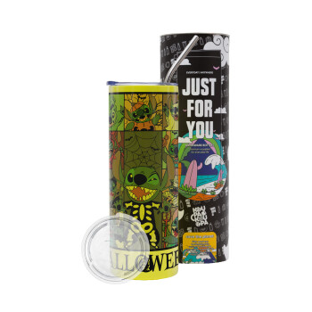 Stitch Halloween, Neon Yellow Travel Tumbler, with metal straw (Stainless steel 304 Food grade, BPA free, 600ml)