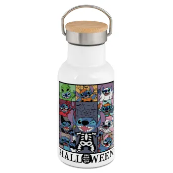 Stitch Halloween, Μεταλλικό παγούρι θερμός (Stainless steel) Λευκό με ξύλινο καπακι (bamboo), διπλού τοιχώματος, 350ml