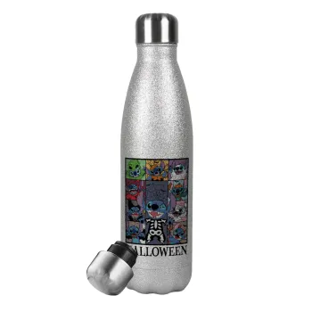 Stitch Halloween, Μεταλλικό παγούρι θερμός Glitter Aσημένιο (Stainless steel), διπλού τοιχώματος, 500ml