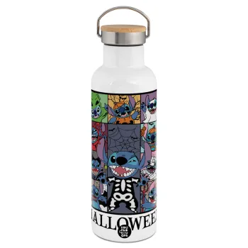 Stitch Halloween, Μεταλλικό παγούρι θερμός (Stainless steel) Λευκό με ξύλινο καπάκι (bamboo), διπλού τοιχώματος, 750ml