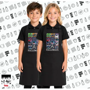 Stitch Halloween, Μαύρη ΠΑΙΔΙΚΗ Ποδιά μακριά Σεφ ολόσωμη με τσέπες