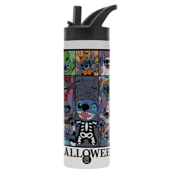 Stitch Halloween, Μεταλλικό παγούρι θερμός με καλαμάκι & χειρολαβή, ανοξείδωτο ατσάλι (Stainless steel 304), διπλού τοιχώματος, 600ml