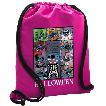 Stitch Halloween, Τσάντα πλάτης πουγκί GYMBAG Φούξια, με τσέπη (40x48cm) & χονδρά κορδόνια