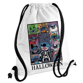 Stitch Halloween, Τσάντα πλάτης πουγκί GYMBAG λευκή, με τσέπη (40x48cm) & χονδρά κορδόνια