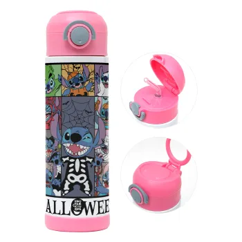 Stitch Halloween, Παιδικό παγούρι θερμό, ανοξείδωτο, με καλαμάκι ασφαλείας, ΡΟΖ (500ml)
