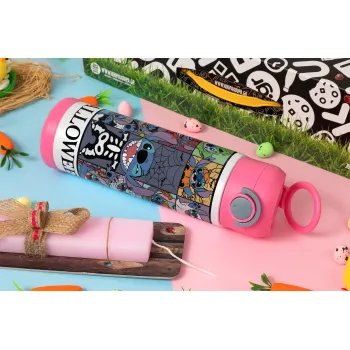 Stitch Halloween, Easter candle, Childrens hot water bottle, stainless steel, with safety straw, PINK (500ml)