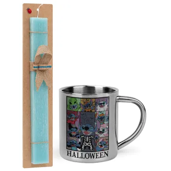 Stitch Halloween, Easter Set, metallic thermal cup (300ml) & aromatic flat Easter candle (30cm) (TURQUOISE)