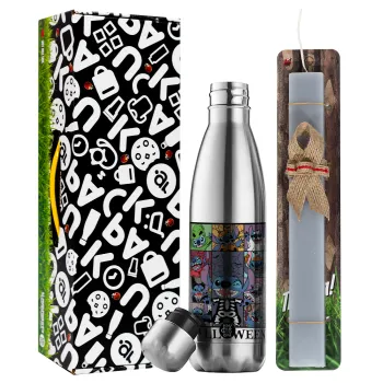 Stitch Halloween, Easter Set, metallic stainless thermos flask (500ml) & scented flat Easter candle (30cm) (GRAY)
