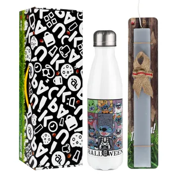 Stitch Halloween, Πασχαλινή Λαμπάδα με μεταλλικό παγούρι θερμός λευκός (500ml) & λαμπάδα αρωματική πλακέ (30cm) (ΓΚΡΙ)