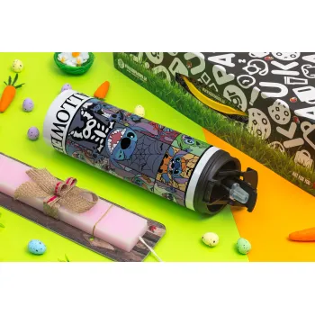 Stitch Halloween, Πασχαλινή Λαμπάδα με Travel Tumbler θερμό με διπλό καπάκι (600ml, BPA free) & κερί αρωματικό πλακέ (30cm) (ΡΟΖ)