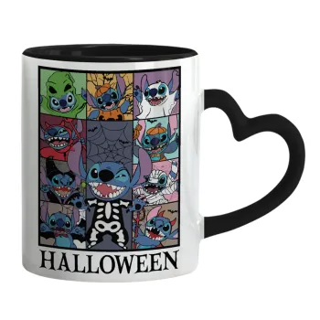 Stitch Halloween, Κούπα καρδιά χερούλι μαύρη, κεραμική, 330ml