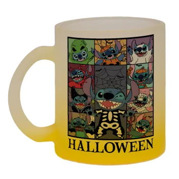 Stitch Halloween, Κούπα γυάλινη δίχρωμη με βάση το κίτρινο ματ, 330ml