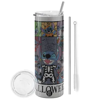 Stitch Halloween, Tumbler ποτήρι θερμό Ασημένιο από ανοξείδωτο ατσάλι 600ml, με μεταλλικό καλαμάκι & βούρτσα καθαρισμού