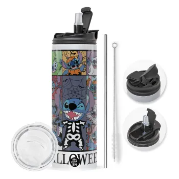 Stitch Halloween, Travel Tumbler θερμό με διπλό καπάκι, μεταλλικό καλαμάκι και βούρτσα καθαρισμού (Ανωξείδωτο 304 Food grade, BPA free, 600ml)