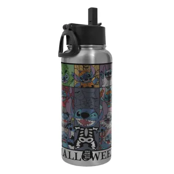 Stitch Halloween, Μεταλλικό παγούρι θερμός Silver με καλαμάκι και χερούλι (Stainless steel), διπλού τοιχώματος, 950ml