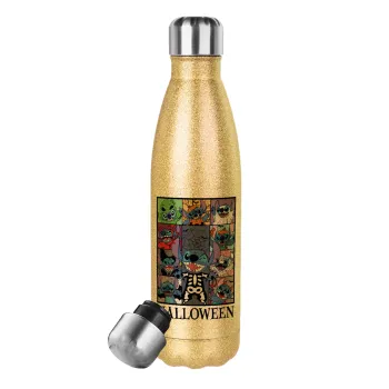 Stitch Halloween, Glitter gold stainless steel thermos bottle, double-walled, 500ml