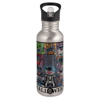 Stitch Halloween, Water bottle Silver with straw, stainless steel 600ml