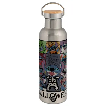 Stitch Halloween, Μεταλλικό παγούρι θερμός (Stainless steel) Ασημένιο με ξύλινο καπακι (bamboo), διπλού τοιχώματος, 750ml