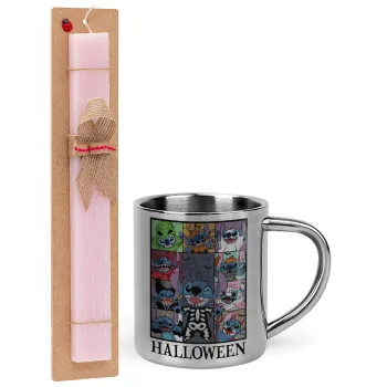 Stitch Halloween, Easter Set, metallic thermal cup (300ml) & aromatic flat Easter candle (30cm) (PINK)