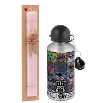 Stitch Halloween, Easter Set, metallic Silver aluminum water bottle (500ml) & scented flat Easter candle (30cm) (PINK)