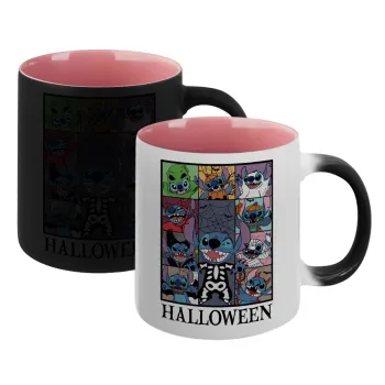 Stitch Halloween, Κούπα Μαγική εσωτερικό ΡΟΖ, κεραμική 330ml που αλλάζει χρώμα με το ζεστό ρόφημα