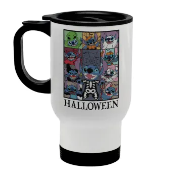 Stitch Halloween, Stainless steel travel mug with lid, double wall white 450ml