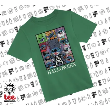 Stitch Halloween, Άνετο παιδικό T-Shirt ΠΡΑΣΙΝΟ από 100% βαμβάκι, για κάθε μέρα. Vegan & OEKO-TEX πιστοποιημένο.