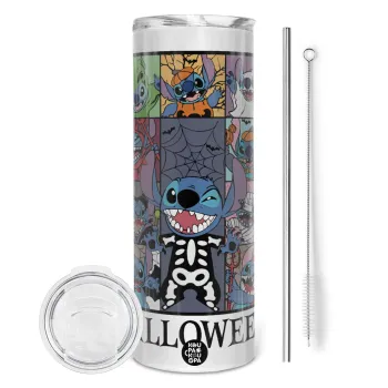 Stitch Halloween, Tumbler ποτήρι θερμό από ανοξείδωτο ατσάλι 600ml, με μεταλλικό καλαμάκι & βούρτσα καθαρισμού