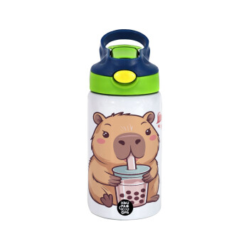 Capybara Bubble Tea, Children's hot water bottle, stainless steel, with safety straw, green, blue (350ml)