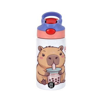 Capybara Bubble Tea, Παιδικό παγούρι θερμό, ανοξείδωτο, με καλαμάκι ασφαλείας, ροζ/μωβ (350ml)