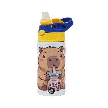 Capybara Bubble Tea, Παιδικό παγούρι θερμό, ανοξείδωτο, με καλαμάκι ασφαλείας, πράσινο/μπλε (360ml) BPA FREE