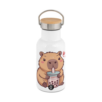 Capybara Bubble Tea, Μεταλλικό παγούρι θερμός (Stainless steel) Λευκό με ξύλινο καπακι (bamboo), διπλού τοιχώματος, 350ml