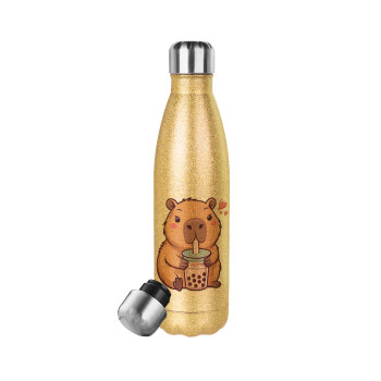 Capybara Bubble Tea, Μεταλλικό παγούρι θερμός Glitter χρυσό (Stainless steel), διπλού τοιχώματος, 500ml