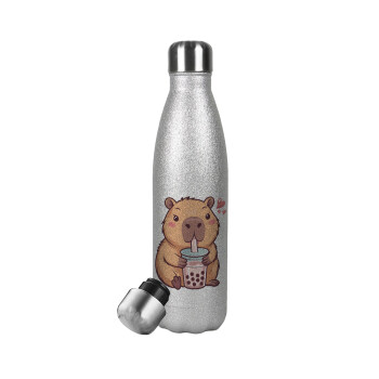 Capybara Bubble Tea, Μεταλλικό παγούρι θερμός Glitter Aσημένιο (Stainless steel), διπλού τοιχώματος, 500ml