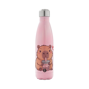 Capybara Bubble Tea, Μεταλλικό παγούρι θερμός Ροζ Ιριδίζον (Stainless steel), διπλού τοιχώματος, 500ml