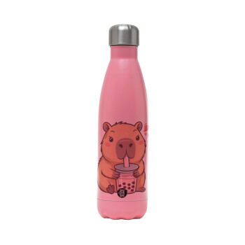 Capybara Bubble Tea, Metal mug thermos Pink Mat (Stainless steel), double wall, 500ml