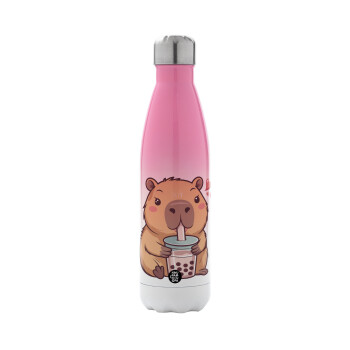 Capybara Bubble Tea, Μεταλλικό παγούρι θερμός Ροζ/Λευκό (Stainless steel), διπλού τοιχώματος, 500ml