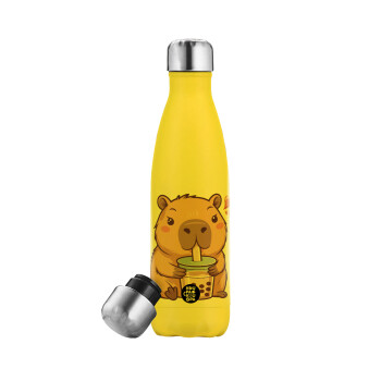 Capybara Bubble Tea, Μεταλλικό παγούρι θερμός Κίτρινος (Stainless steel), διπλού τοιχώματος, 500ml