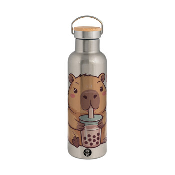 Capybara Bubble Tea, Μεταλλικό παγούρι θερμός (Stainless steel) Ασημένιο με ξύλινο καπακι (bamboo), διπλού τοιχώματος, 750ml
