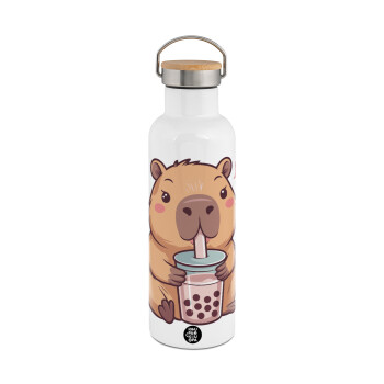 Capybara Bubble Tea, Μεταλλικό παγούρι θερμός (Stainless steel) Λευκό με ξύλινο καπάκι (bamboo), διπλού τοιχώματος, 750ml