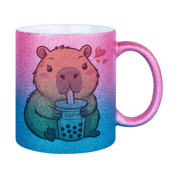 Capybara Bubble Tea, Κούπα Χρυσή/Μπλε Glitter, κεραμική, 330ml