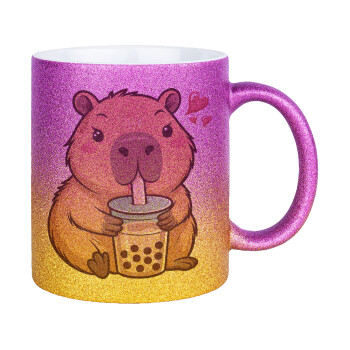 Capybara Bubble Tea, Κούπα Χρυσή/Ροζ Glitter, κεραμική, 330ml