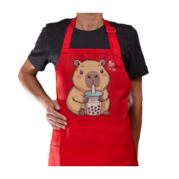 Capybara Bubble Tea, Ποδιά Μακριά Σεφ ολόσωμη με τσέπες Κόκκινη (ΕΝΗΛΙΚΩΝ)