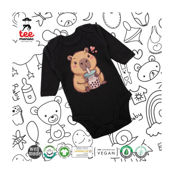 Capybara Bubble Tea, Μακρυμάνικο βρεφικό φορμάκι, 0-18 μηνών, ΜΑΥΡΟ, 100% Organic Cotton