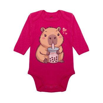 Capybara Bubble Tea, Μακρυμάνικο βρεφικό φορμάκι, 0-18 μηνών, ΡΟΖ, 100% Organic Cotton
